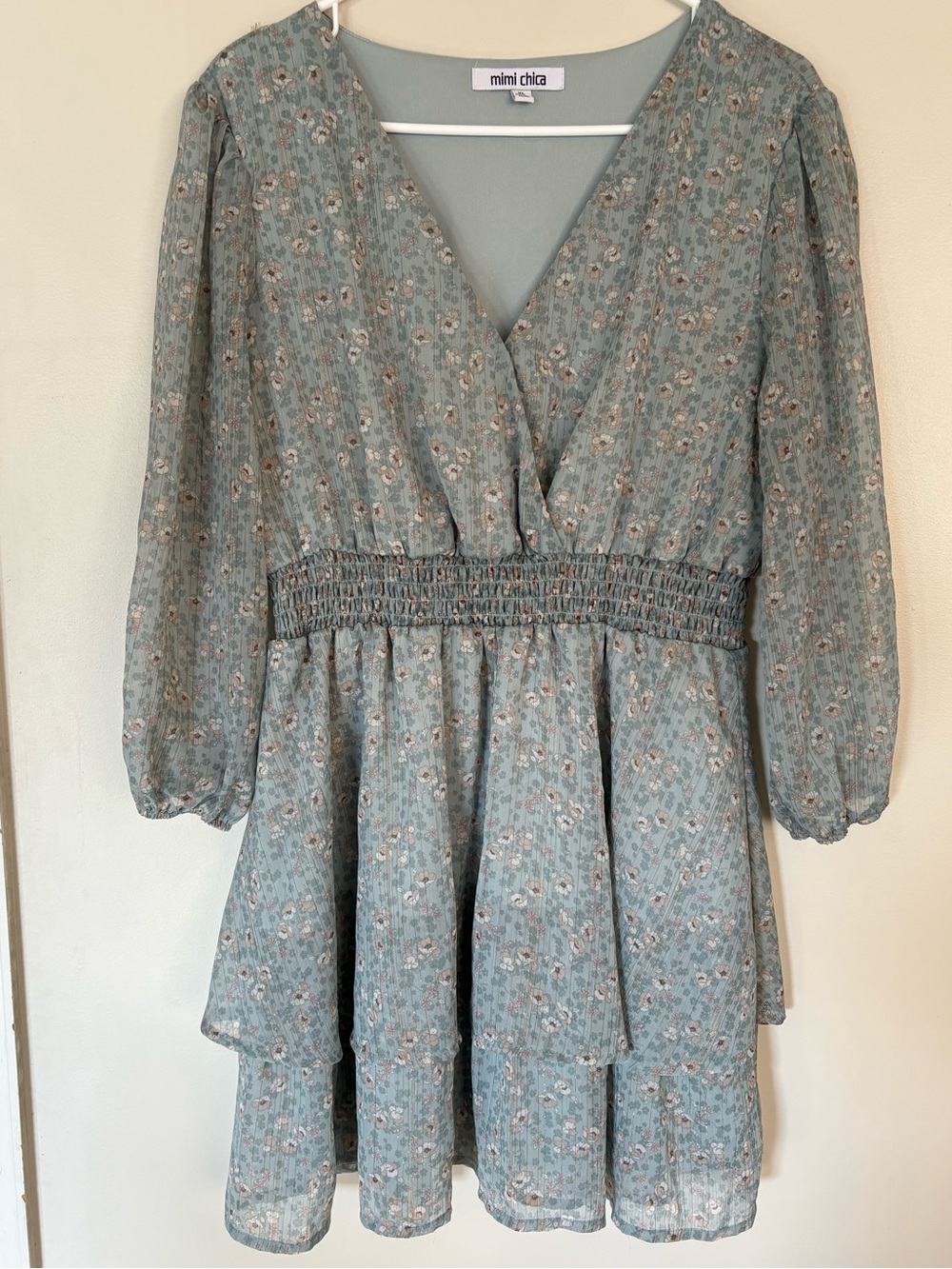 Mimi Chica Floral Smocked Waist Tiered Mini Dress XL Sage Green Boho Cottagecore